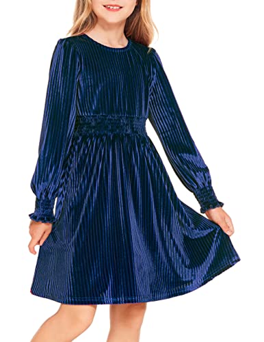 Arshiner Girls Long Sleeve Dress Velvet Crew Neck Midi Fall Vintage Plain Dress for Kids 4-13Y
