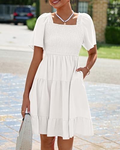 Image of BTFBM Womens Summer Smocked Mini Dress Spring Square Neck Flutter Sleeve Casual Ruffle Swing Boho Beach Dresses Pockets