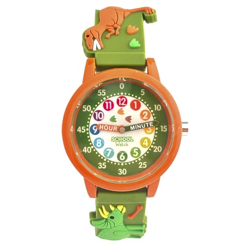 Preschool Collection Time Teacher Color Watch - T-Rex and Dinosaurs - Analog First Watch - Easy-to-Read Dial - Hypoallergenic 3D Band for Kids Children and Boys