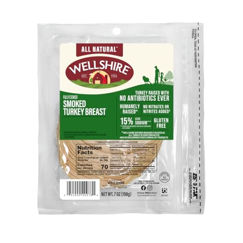 Wellshire Farms Smoked Turkey Breast Slices, All Natural Turkey Deli Meat, No Antibiotics, No Nitrates or Nitrites, Skinless Boneless Smoked Turkey Lunch Meat for Sandwiches & Wraps, 7 oz