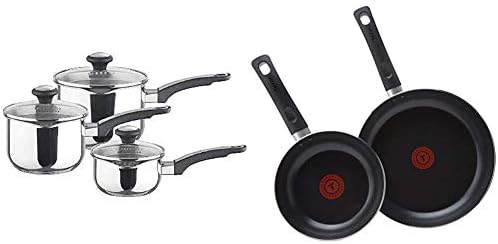 Prestige Stainless Steel Saucepan Set 14, 16 & 18cm - Induction Suitable Saucepan Set with Glass Straining Lids and Pouring Lips, Dishwasher Safe, Oven Safe, Durable Cookware