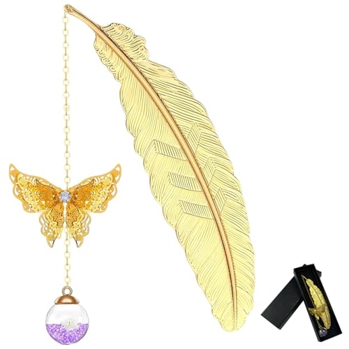 Senshuomy Feather Metal Bookmark,Golden Metal Bookmark with Premium Present Box and Pendant,A Special Appreciation Retirement Present for Book Lovers,Teachers,Colleagues(Golden Feather)