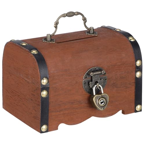 HEALEEP Piggy Bank for Adults:Vintage Wooden Pirate Treasure Chest Piggy Bank with Lock, for Coins, Jewelry & Classroom Fun(5.7X4.13X3.93)