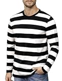Funny World Black and White Striped Shirt Long Sleeve Cotton Mens Prisoner Costume Halloween T-Shirts, Black & White Long Sleeve, Medium