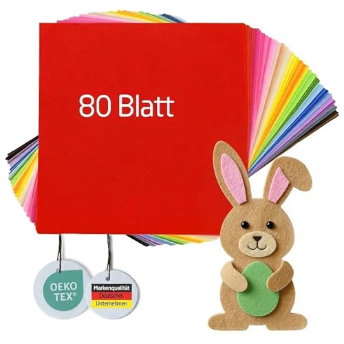 Miqio Bastelfilz | XL Bastelset 30x30cm - 80 Filzplatten zum Basteln und Nähen für Ostern (1mm) | Schadstoffgeprüfter Filzstoff