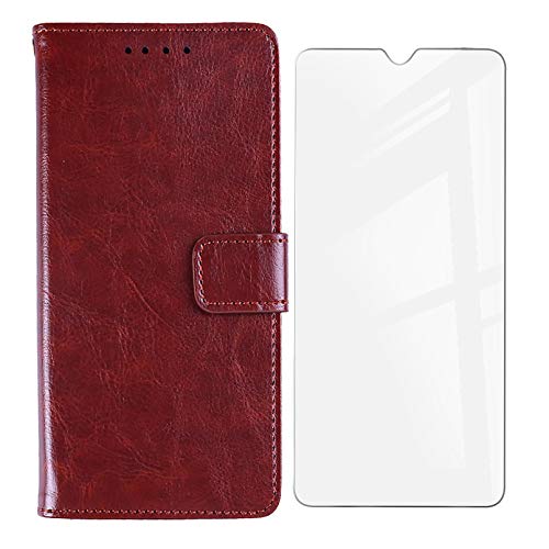 KJYF for Sharp Aquos V6 Wallet Case + Tempered Glass Screen Protector, Flip Folio Leather Cell Phone Cover with Credit Card Holder Compatible with Sharp Aquos V6 (6.52") - Brown
