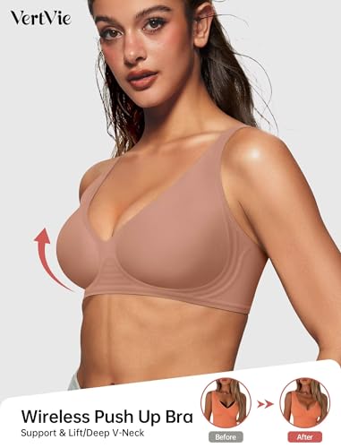 Image of Vertvie Wireless Deep V Bras for Women Push Up Seamless T-Shirt Bras (Light Brown,X-Large)