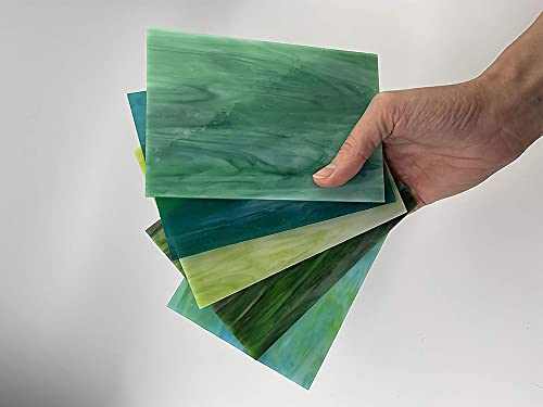 Unicoshape 12-Pack 6"x4" Stained Glass Sheets, Cathedral Panels for Easy Cutting and Vibrant-Color DIY & Mosaic Crafts (Mixed Green)