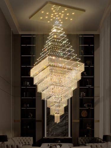 Flashing God D59''X H120'' Extra Large Chandeliers for High Ceilings Crystal Raindrop Gold Chandeliers Large Villa Entrance Foyer High Ceiling Chandelier Light LED Dimmable 2700K-6000K