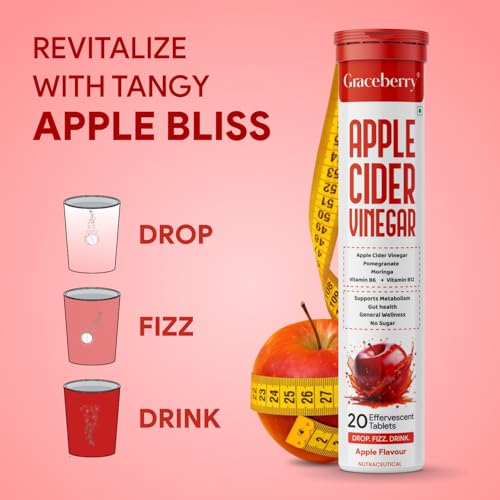 Image of Graceberry Apple Cider Vinegar Effervescent Tablet with Mother- 20 Tablets | 500mg ACV For Metabolism, Weight Management | Pomegranate & Moringa, Vit B6 & B12 | No Added Sugar | Pack of 1