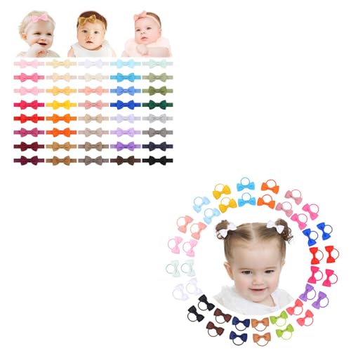 jollybows 40pcs Baby Girls Bows Headbands Elastic Hairband Ribbon Bow + 40PCS 2 Inches Baby Girls Hair Bows Ties Mini Boutique Elastic Hair Rubber Ribbon Hair Band Accessories for Kids Toddlers Infant