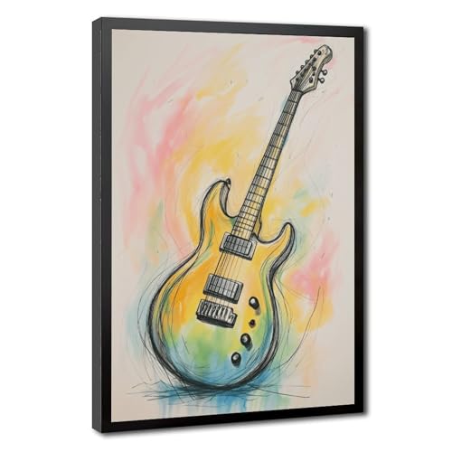 Poster musique guitare coloré en toile 40x61cm avec cadre noir pour déco salon