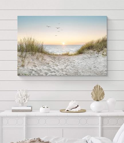 Coastal Wall Art Canvas Picture: Modern Beach Sunset Landscape Print Decor Horizontal Ocean Scene Sea Painting Seascape Seaside Seashore Artwork for Living Room Bedroom Home