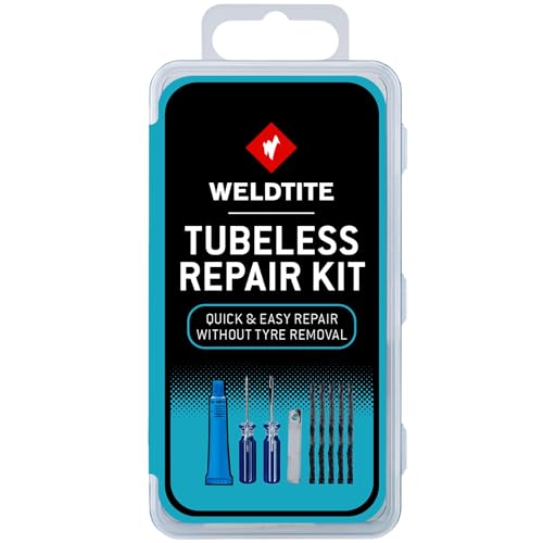 WELDTITE Tubeless Bike Tyre Repair Kit - Quick & Easy Fix Without Tyre Removal - Includes Mending Strings, Rasp & Split Eye Tools, Rubber Solution & Knife