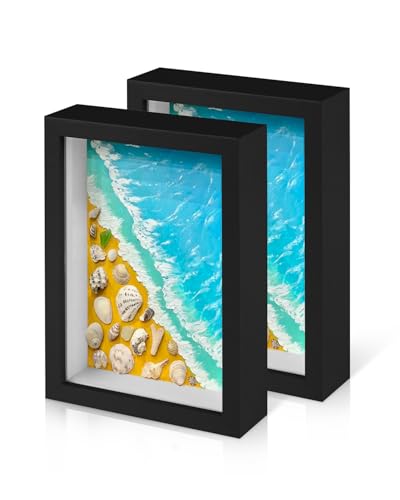 2 Pack 5x7 Small Shadow Box Frame with Plexiglass, Wood Frame Display Case Box for Memorabilia, Dried Flowers, Medal, Crafts, Tickets and Photos (Black, 5x7)