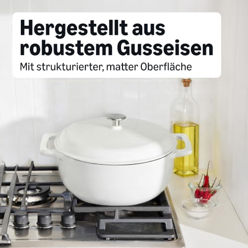 Foto von Amazon Basics - Rund Schmortopf aus emailliertem Gusseisen, 5.67 l, Mattweiß