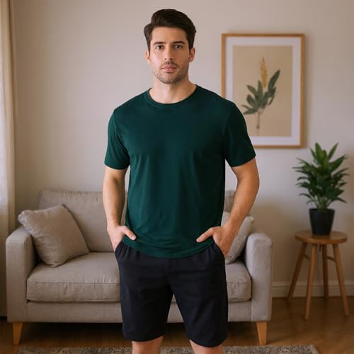 Mens Short Pajamas Set with Pockets,Green,Large