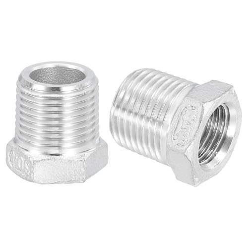 Image of uxcell 2Pcs 3 /8 inch Male to 1 /4 inch Female NPT 304 Stainless Steel Reducer Hex Bushing, Reducing Cast Pipe Adapter Fitting for industrial, oil /gas, water, HVAC, and plumbing systems