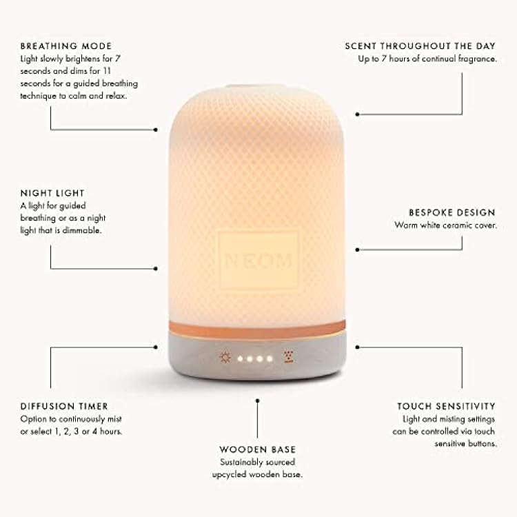 NEOM Essential Oil Diffuser for Home | Wellbeing Aromatherapy Diffusers | Ceramic Cover, LED Light & Timer | Best for Medium Spaces | Plug in Diffuser for Essential Oils | Home Fragrance