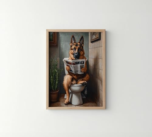 Image of German Shepherd on Toilet Wood Framed Wall Art Print Poster, Dog Bathroom Humor Decor Posters Prints for Restroom Home Picture Painting Artwork Gallery 7 (German Shepherd, 11 inchW x 14 inchL, Wood Frame)
