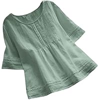 2023 Camiseta de Manga Corta Mujer, Verano algodón y Lino Colores sólidos Blusa Camisa Cuello Redondo Camiseta Suelto Elegante Tops Casual T-Shirt Original tee cómodo Basic Playa Vacaciones