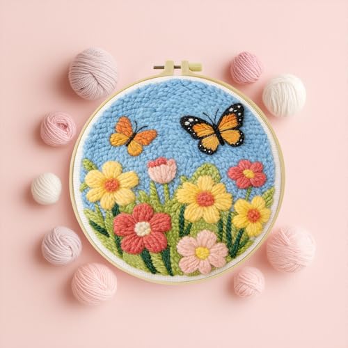JOZYSH DIY Punch Needle Kits for Beginners Cute Cartoon Butterflies with Spring Flowers with Hoop Embroidery Punch Needle Starter Craft Set Easy for Adults Festival Gift and Decoration