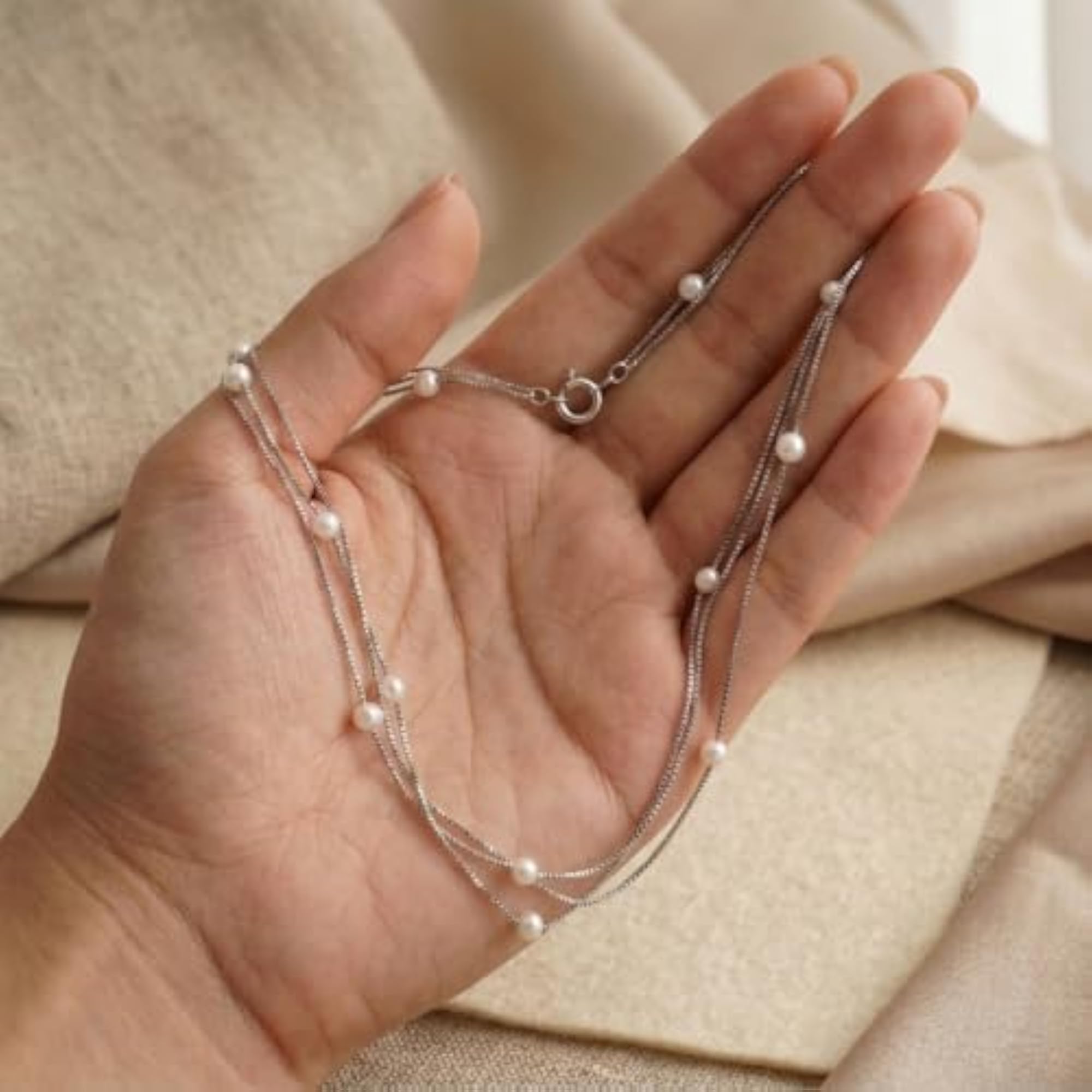 Women's 925 Sterling Silver Pearl Triple Layer Dokiya Necklace