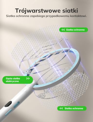YISSVIC 2 szt. Rakieta elektryczna na owady 1800 mAh rakieta przeciw komarom 4000 V Potężna łapka na muchy ave podstawa z akumulatorem USB-C usuwa muchy latające mrówki, biały niebieski