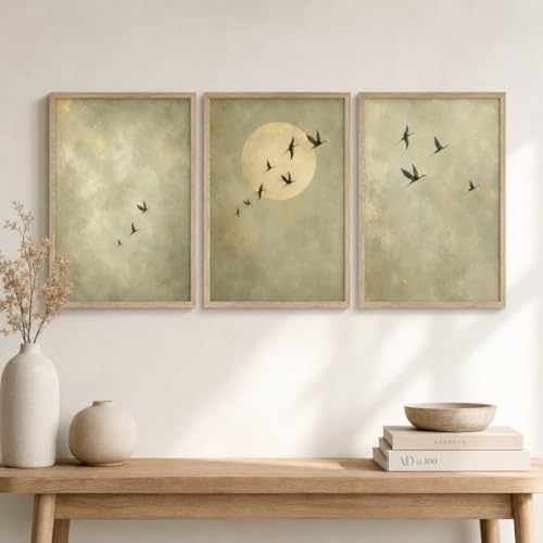 Image of Artify Set of 3 Minimal Birds Moon Wall Painting for Living Room Bedroom Hall Office Decor, Premium Wooden Synthetic Frame Nature Artwork Gift