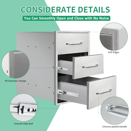 Image of Outdoor Kitchen Drawers 14 inch W x 21 inch H x 21 inch D Stainless Steel Triple Drawers with Ergonomic Handle for BBQ Island, Patio Grill Station & Outdoor Kitchen Cabinets