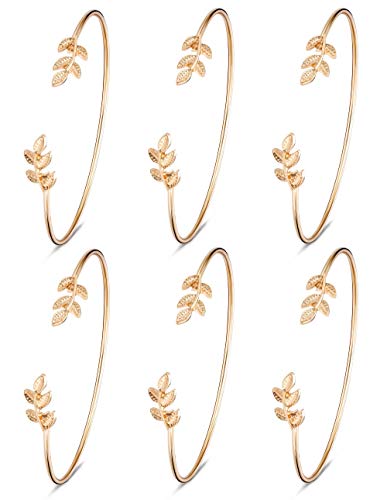 Finrezio 6 Pcs Leaf Bangle Bracelets For Women Girls Simple Cuffs Sister Bridesmaid Bracelets For Bridal Wedding Jewelry Stretch, Rose Gold Tone #TOP7