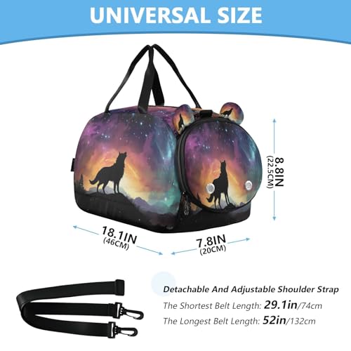 YETTASBIN Sport Travel Duffel Bag for Girls Boys, Galaxy Wolf Large Waterproof Weekender Overnight Bag, Detachable Shoulder Strap Gym Bag with Shoe Compartment & Wet Pocket3