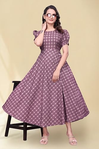 Image of Women's A-Line Crepe Maxi Dress | Stylish Fit and Flare Dress with Round Neck Short Puff Sleeves for Casual Wear