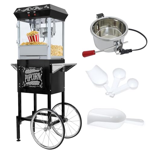 Image of 8 Oz Popcorn Machine Cart, 650 W, Popcorn Maker Machine with Stainless-Steel Kettle, Movie Theater Popcorn Machine with Steel Frame Tempered Glass Doors & Heated Warming Deck, Black