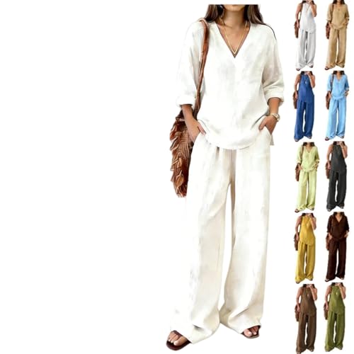 Combinaison Femme Blanche Set 2 Pièces Tunique Longue Manches Décontractée Uni en Coton Lin Chemise Short Et Cordon De Serrage Réglable Costume en Coton Et...
