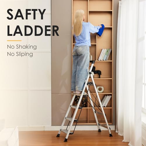 HBtower 5 Aluminum Step Ladder, Strudy Ladders for Home with Tool Tray, Anti-Slip Folding Step Stool for Adults, Light Weight Portable Durable 330lbs Safety for House Outdoor Work - Image 3