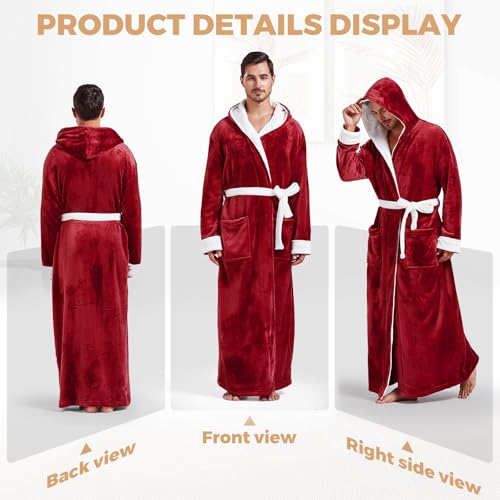 Image of FashGudim Mens Robes Big and Tall with Hood Two-Tone Flannel Fleece Contrast Bathrobe Full Length Plush Long Robe House Coat