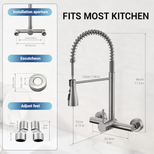 Image of Wall Mount Kitchen Faucet with Pull Down Sprayer 3 Functions, 304 Stainless Steel Wall Mount Faucet 8 Inch Center, Single Handle Kitchen Sink Faucet High Arc 360 Swivel, Brushed Nickel