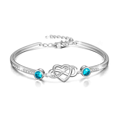 Image of AOBOCO 925 Sterling Silver Infinity Endless Love Heart Birthstone Bangle Bracelet - I Love You Forever Series Adjustable 6-8 in Bracelet with Crystals from Austria Romantic Birthday Jewelry Gift for Women Wife Girlfriend