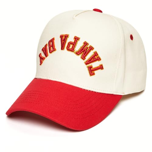 Funky Junque Tampa Bay Trucker Hat Upside Down City Embroidered Baseball Cap Unisex Adjustable Snapback Hat for for Basketball Streetwear and Everyday Style - Tampa Bay - Red/Beige