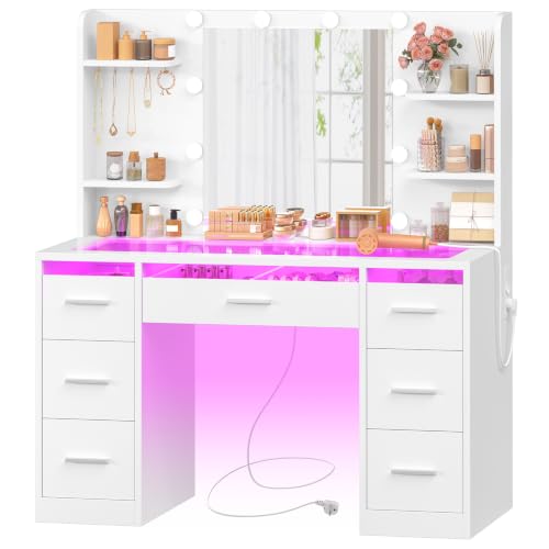 SLINEMO Coiffeuse avec Miroir LED et Éclairage RGB 3 Couleurs, Plateau en Verre Trempé – Table de Maquillage avec Prise, 7 Tiroirs + 5 Crochets, luminosité réglable, Blanc