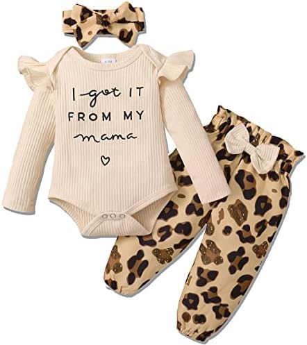 DISAUR Newborn Baby Girl Clothes, Infant Girl Outfits Long Sleeve Ruffle Romper + Floral Pants + Headband Set 3-6M Apricot