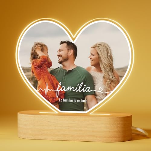 Bemaystar Lámpara Personalizada para la Familia con Foto y Texto - Regalo Familiar Personalizado para Navidad y Aniversarios - Acrílico con Base LED Opcional