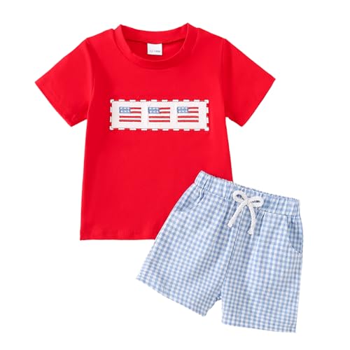 Image of Toddler Boy 4th of July Outfit Embroidered American Flag /Truck Shirt+Striped Shorts Independence Day 1-5T