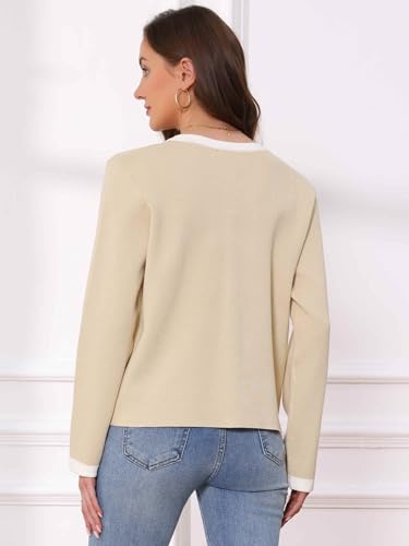 Allegra K Knitted Cardigan for Women's Color Block Long Sleeve Lightweight Crew Neck Elegant Contrast Sweater Blouse Tops3
