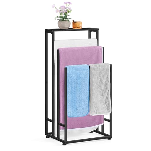 smusei Toallero de pie, toallero de 3 niveles con estante de madera, toallero de acero inoxidable para salón, baño, 40 x 30 x 82 cm, color negro
