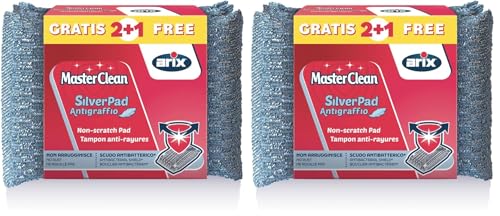 ARIX 3 esponjas SilverPad antiarañazos con Revestimiento de Aluminio de la línea Masterclean, Esponja con Tratamiento Antibacteriano, para Superficies delicadas, antiolores, 3 Unidades (Paquete de 2)