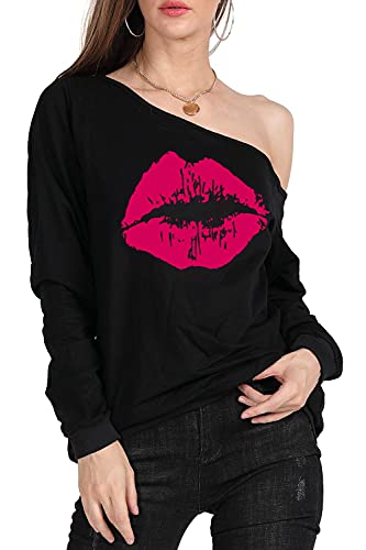 Image of MAGICMK Woman's Sweatershirt Lips Print Causal Blouse Off The Shoulder Long Sleeve Loose Slouchy Pullover Plus Size Tops