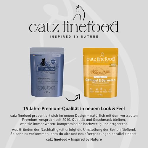 catz finefood N° 17 Geflügel & Garnele Feinkost Katzenfutter nass, verfeinert mit Karotte & Cranberry, 16 x 85g Beutel