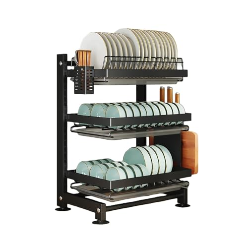 食器 水切りラック 食器乾燥ラック 洗い物置き 水切りかご 水切りカゴ 洗いかご 皿立て キッチン 台所 包丁スタンド 箸立て 大容量 自動排水 スペースを有効活用してキッチンをきれいに保ちましょう(スタイルB,三重層)